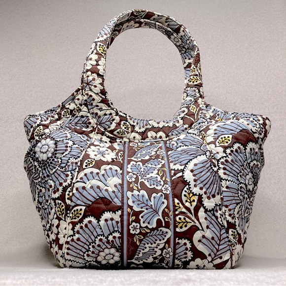 Vera Bradley Quilted Cotton Purse Handbag Tote-Light Blue/Brown Floral-Preppy - Picture 1 of 13